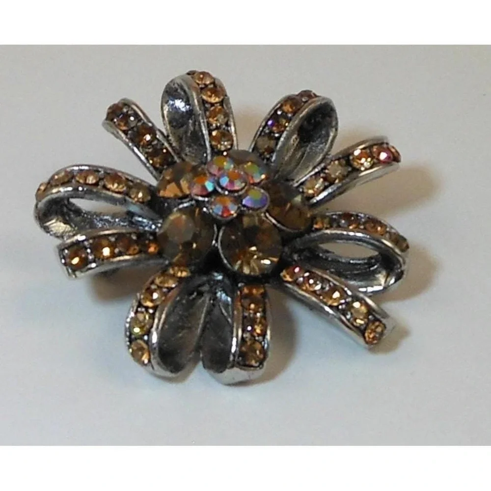 Vintage 1990s Amber Rhinestone Flower Brooch Pin Aurora Borealis Center‎ Silver